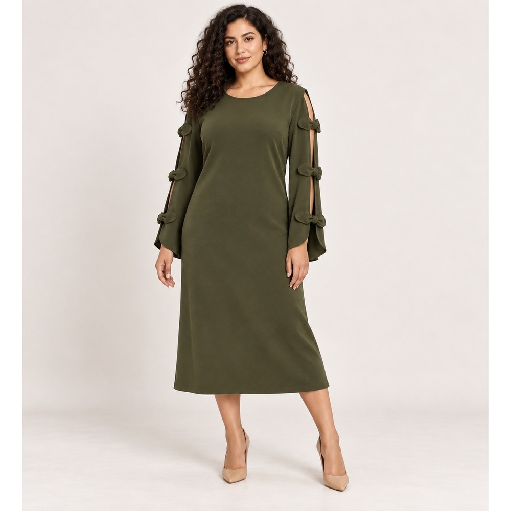 Nina Leonard Olive Green Cold Shoulder Bow Sleeve Shift Midi Dress XL Coquette